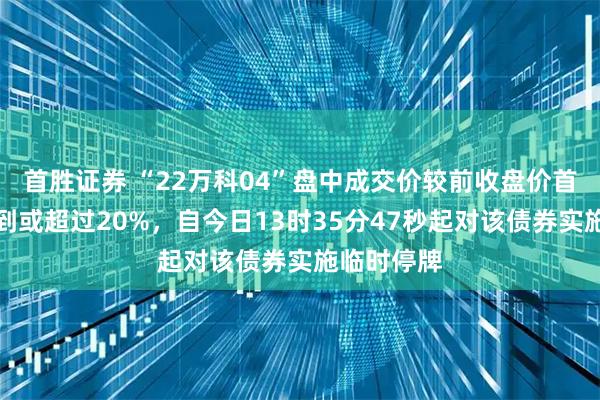 首胜证券 “22万科04”盘中成交价较前收盘价首次上涨达到或超过20%，自今日13时35分47秒起对该债券实施临时停牌