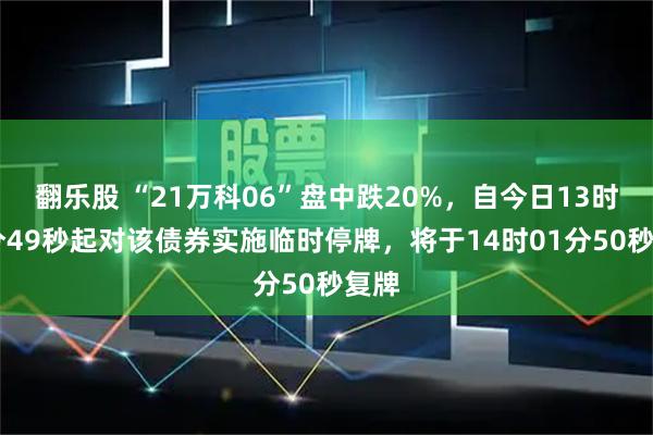 翻乐股 “21万科06”盘中跌20%，自今日13时31分49秒起对该债券实施临时停牌，将于14时01分50秒复牌